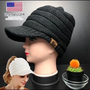 Women's Winter Knit Messy Bun Ponytail Beanie Warm Hat - Black